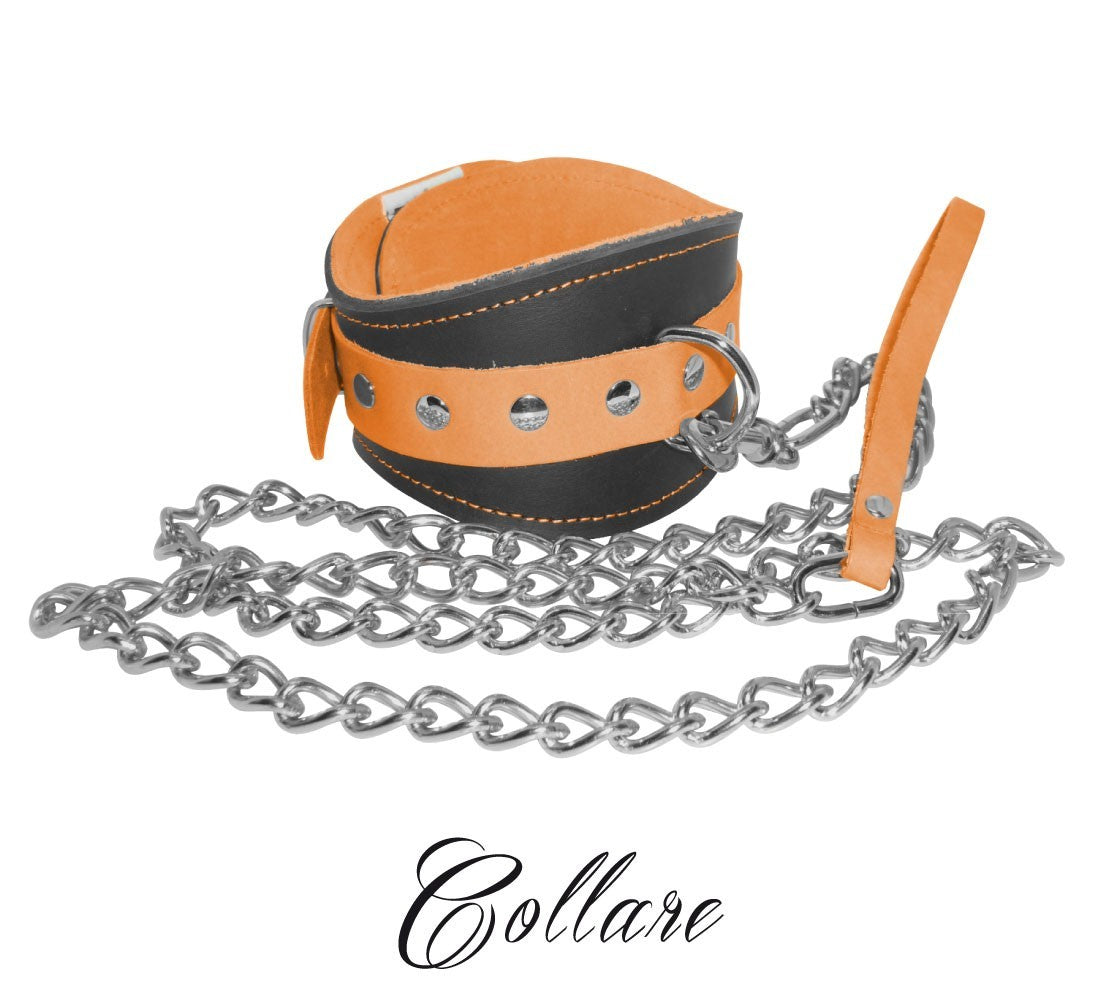 collare con guinzaglio in vera pelle e cuoio orange fluo bondage uomo donna