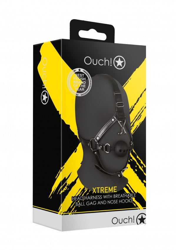 Imbracatura viso con morso Head Harness with Breathable Ball Gag and Nose Hooks Black