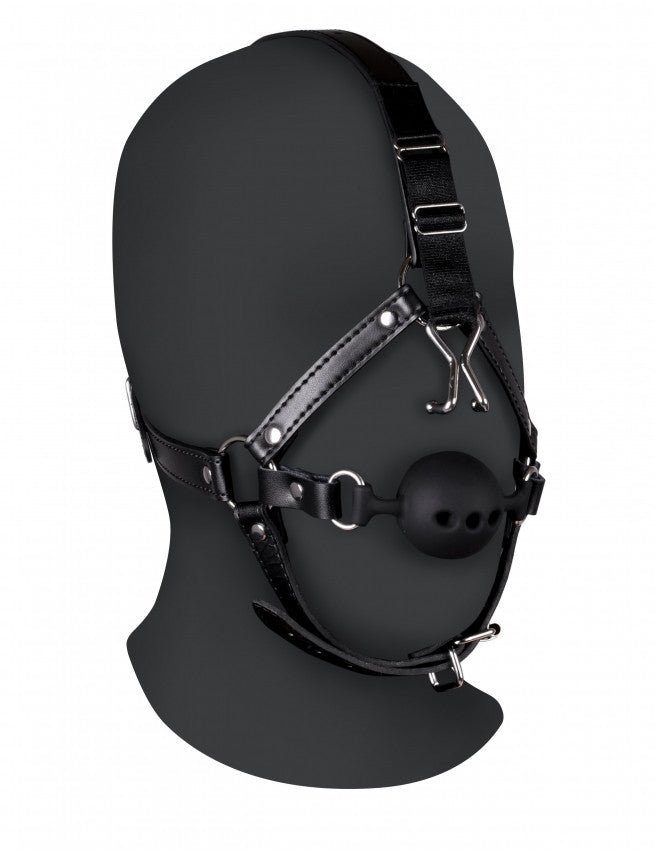 Imbracatura viso con morso Head Harness with Breathable Ball Gag and Nose Hooks Black