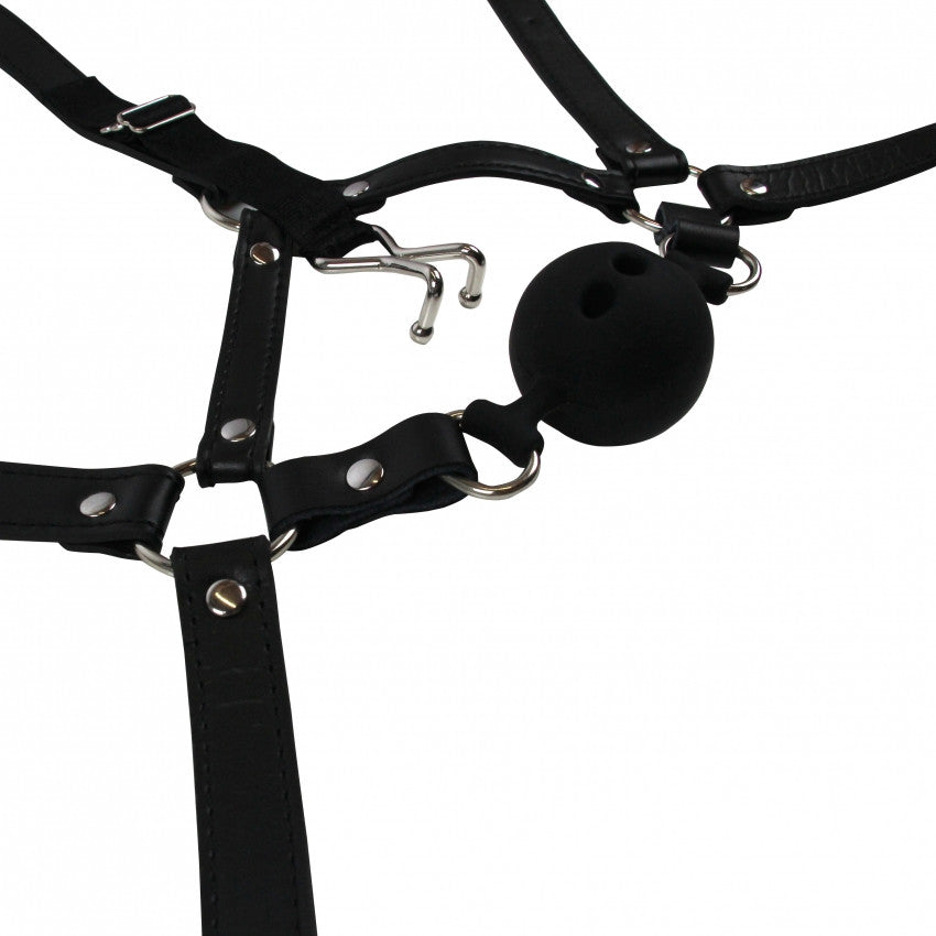 Imbracatura viso con morso Head Harness with Breathable Ball Gag and Nose Hooks Black