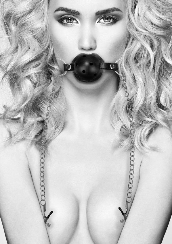 Morso con strizza capezzoli Breathable Ball Gag With Nipple Clamps