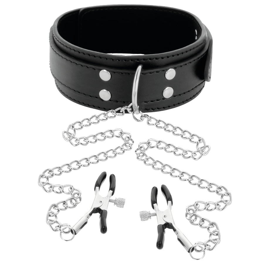 Collare con pinze capezzoli DARKNESS COLLAR WITH NIPPLE CLAMPS BLACK
