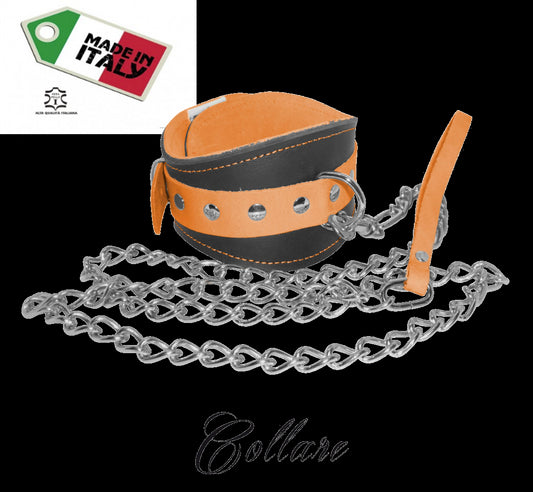 collare con guinzaglio in vera pelle e cuoio orange fluo bondage uomo donna