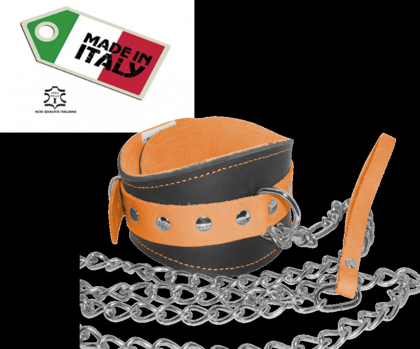 collare con guinzaglio in vera pelle e cuoio orange fluo bondage uomo donna