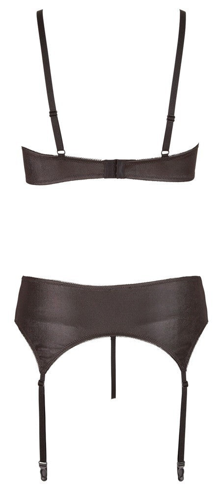 lingerie tre pezzi reggiseno perizoma reggicalze nero con pizzo trasparente sexy